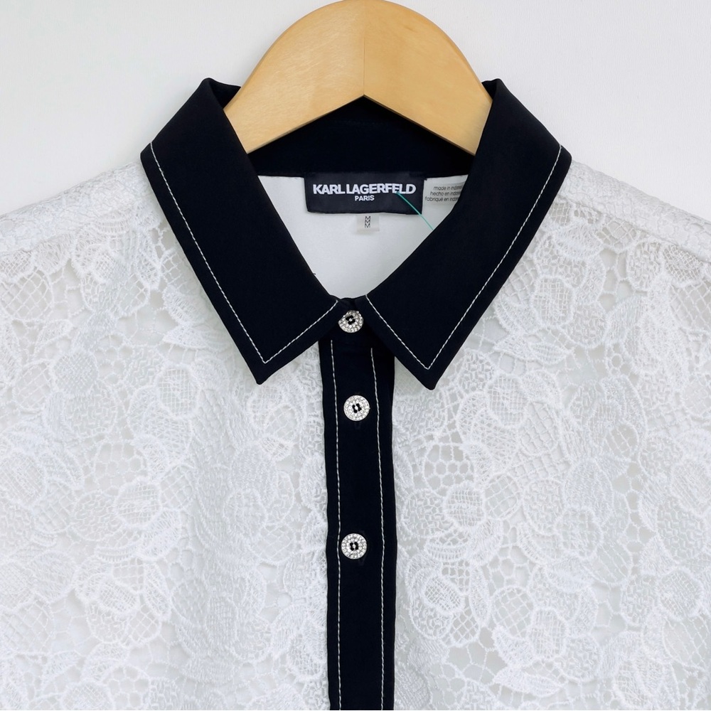 KARL LAGERFELD PARIS Lace Button-Up Blouse Contrast-Trim Point Collar - Picture 4 of 10